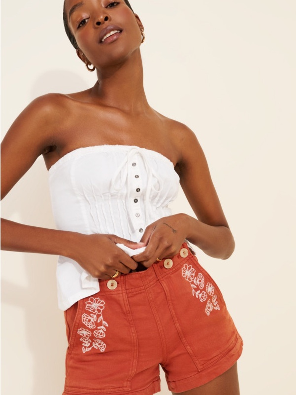 Tricia Fix Rust Orange High-Waist Embroidered Women’s Shorts